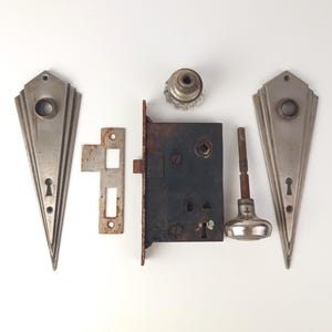 Antique Art Deco Escutcheon Plates with Original Door Lock and Door Knob