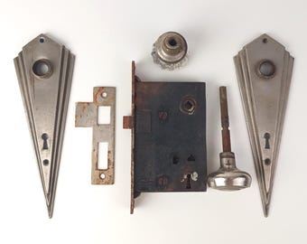 Antique Art Deco Escutcheon Plates with Original Door Lock and Door Knob