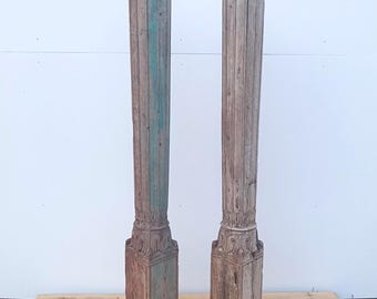 Pair of Teak Wood Decorative Poles Hand Carved Post Column Pillar Garden Decor