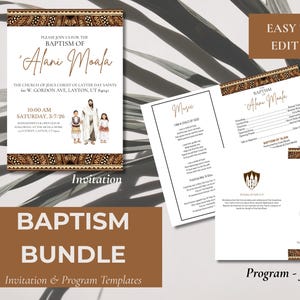 May include: A baptism bundle with invitation and program templates. The invitation features text for the baptism of 'Alani Moala' with a decorative border. The program includes front and back templates with event details and a Canva logo.
