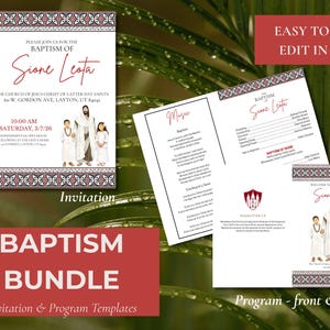 May include: A baptism invitation and programme bundle featuring white paper templates with red text and a decorative border. The design includes an illustration of a figure in white robes standing between two children, with text detailing the event.