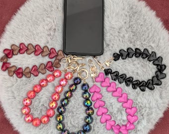 Heart Phone Charm Wrist Strap | Beaded Phone Lanyard | Cute Phone Accessory | Phone Wristlet with Tether Patch | Aesthetic Phone Charm Gift