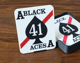 VFA-41 Black Aces Navy Coasters–Squadron Gift–Military Retirement Gift–Naval Aviation Bar Decor–3D Printed Cork Backed Set with Holder