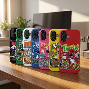 May include: A collection of colorful phone cases with unique designs. Each case features a different design, including cartoon characters and text. The cases are arranged on a wooden surface, showcasing a variety of colors and styles.