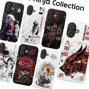 May include: A collection of phone cases featuring anime-style illustrations. Designs include characters with red, black, and white color schemes. Some cases have Japanese text and imagery of dragons and foxes.