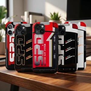 May include: A collection of phone cases with a bold, graphic design. The cases feature a black, red, and white color scheme with the text "SPD" and "UPGRADE SUIT SYSTEM". The cases are displayed on a wooden surface.
