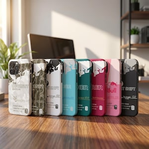 May include: A collection of seven phone cases with various designs and colors. The cases feature the Red Bull logo and text such as "The Coconut Edition" and "Light Shift". The cases are in shades of white, camouflage, teal, dark green, pink, and black.