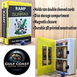 May include: A yellow and white 3D printed card storage box titled RAMP FOR DUMMIES with a magnetic closure, dice compartment, and space for 100 double sleeved cards. The box features a graphic of a wizard and text including Prof. Mana Acceleration.
