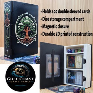 May include: Black card holder with a tree design, holding cards and dice. The holder has a magnetic closure and a dice storage compartment. The text on the holder says "Holds 100 double sleeved cards, Dice storage compartment, Magnetic closure, Durable 3D printed construction."