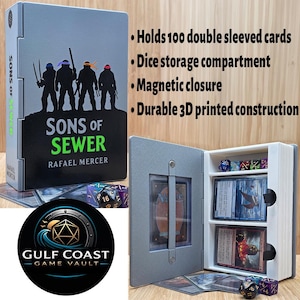 May include: A gray card storage box with the text "SONS OF SEWER" and "RAFAEL MERCER". The box holds 100 double-sleeved cards, has a dice storage compartment, and a magnetic closure. The box is 3D printed.