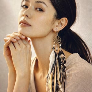 Ahimsa Feather Earrings with Philippine Shell Bicone Beads, Sacred Spiritual Statement Jewelery – Seed of Life