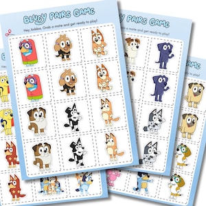 May include: A set of Bluey Pairs Game cards featuring cartoon dog characters in various poses. The cards are light blue with the game title and instructions printed in black. Each card has a grid of matching pairs, ready to be cut out and played.