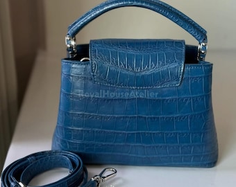 Handgefertigter Alligator Ledergriff | Exotische Damen Geldbörse | Blau Krokodilklemme
