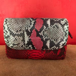 May include: A rectangular clutch with a snakeskin pattern. The top flap features a black, white, and gray pattern with a red accent. The bottom portion is solid red. The clutch has a small handle on the side.