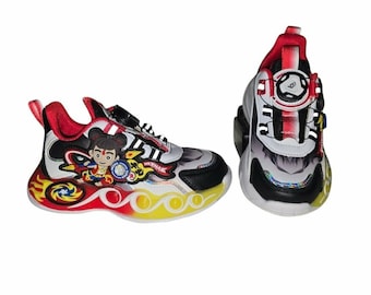 Scarpe da ginnastica con cartoni animati, scarpe da tennis illuminate per ragazzi, da esterno, con cinturino con fibbia e pulsante rotante a forma di mulino a vento, sfondo colorato