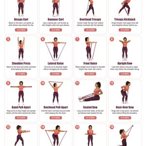 May include: An instructional chart titled Resistance-Band Upper-Body Workout featuring sixteen numbered exercise illustrations. Each panel displays a person in a coral top and maroon leggings demonstrating movements with a resistance band, including text instructions and repetition counts.