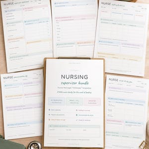 May include: A nursing supervisor bundle of printable templates on a clipboard, including a communication log, weekly planner, staffing and skill mix sheet, and a 30-60-90 day plan. The pages feature pastel-colored headers and organized sections.