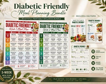 Diabetic Meal Plan 5 Week, Diabetes Food List, Blood Sugar Tracker, Diabetic Grocery List, Diabetic Diet Chart, Type 2 Diabetes Pdf Bundle