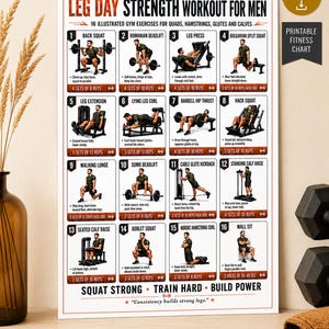 May include: A white fitness chart titled LEG DAY STRENGTH WORKOUT FOR MEN featuring 16 numbered illustrations of gym exercises. Each box includes the exercise name, a visual of a person performing the movement, and sets and reps instructions.