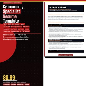 Puede incluir: Una plantilla de currículum vitae para un especialista en ciberseguridad, con un diseño rojo y negro. La plantilla incluye secciones para experiencia, habilidades y un resumen. El texto incluye las palabras "Cybersecurity Specialist Resume Template".