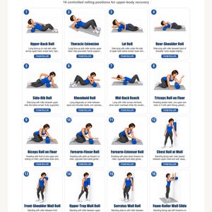 May include: An instructional poster titled Upper-Body Foam-Roller Release featuring 16 numbered diagrams of a person in blue athletic wear demonstrating various exercises using a blue foam roller for upper-body recovery and muscle release.