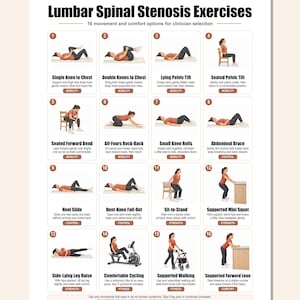 Könnte beinhalten: Ein weißes Lehrplakat mit dem Titel Lumbar Spinal Stenosis Exercises, das sechzehn nummerierte Illustrationen einer Person in rotem Oberteil und dunkler Hose bei verschiedenen physiotherapeutischen Übungen mit Begleittext zeigt.