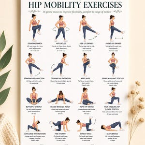 Op de afbeelding: Een witte instructieposter getiteld HIP MOBILITY EXERCISES met 16 geïllustreerde figuren in roze tops en blauwe leggings die bewegingen zoals marches, beenzwaaien, knie-omhelzingen en rekoefeningen demonstreren met tekstinstructies.