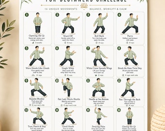 Tai chi voor beginners, 16 stapsgewijze zachte bewegingen voor balans, mobiliteit en rust, afdrukbare thuistraining pdf-gids voor muurposters