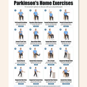 Op de afbeelding: Een witte instructieposter getiteld Parkinson's Home Exercises met 16 genummerde illustraties van een persoon in een blauw shirt en donkere broek die verschillende zittende en staande bewegingen uitvoert met beschrijvende tekst bij elke oefening.