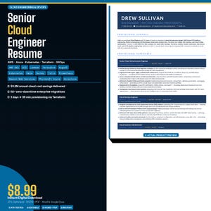 Op de afbeelding: Een digitaal cv-sjabloon voor een Senior Cloud Engineer, met een donkerblauw en wit ontwerp. Het cv benadrukt vaardigheden in AWS, Azure, Kubernetes en Terraform. Het bevat een voorbeeld en een prijs van €8,99.