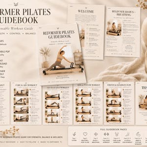 May include: A printable Reformer Pilates Guidebook in beige and white, featuring workout instructions for strength, control, and balance. The guide includes 24 pages. The image shows the guidebook with a candle, vase, and dried flowers.