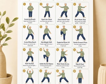 Tabel Tai Chi-oefeningen voor senioren, 16 zachte bewegingen met weinig impact voor balans en flexibiliteit, afdrukbare pdf-poster voor seniorentraining