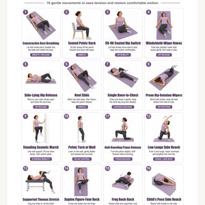 May include: A white instructional poster titled Somatic Hip & Psoas Release featuring 16 numbered illustrations of a person in a purple shirt and gray leggings performing various stretches on a purple mat, with text descriptions for each movement.