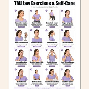Puede incluir: Un póster informativo blanco titulado TMJ Jaw Exercises & Self-Care que presenta dieciséis paneles numerados con texto e ilustraciones de una persona con camisa morada demostrando ejercicios de mandíbula y consejos de cuidado.