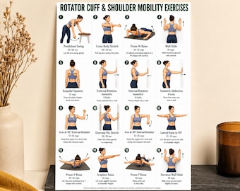 Rotator cuff-oefeningen voor schouderpijn en mobiliteit, 16-stappen versterkende routine, afdrukbare bovenlichaamworkout pdf-muurkaartposter