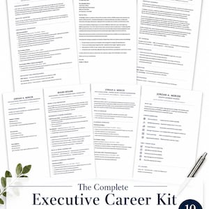 May include: A collection of ten editable executive resume and career document templates featuring the name Jordan A. Mercer, with a silver pen positioned on the right side and the text The Complete Executive Career Kit 10 Editable Word Templates.