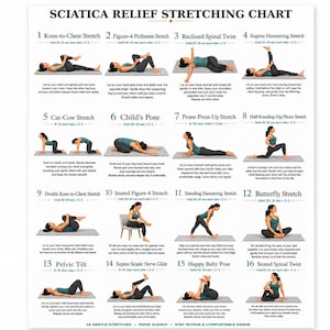 Könnte beinhalten: Ein weißes Lehrplakat mit dem Titel Sciatica Relief Stretching Chart, das sechzehn nummerierte Illustrationen einer Person in türkisfarbener Sportkleidung zeigt, die verschiedene Dehnübungen auf einer grauen Matte ausführt, inklusive Textanleitungen.