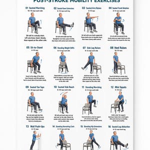 Op de afbeelding: Een wit instructieposter getiteld Post-Stroke Mobility Exercises met zestien genummerde illustraties van een persoon in een blauw shirt en grijze broek die fysiotherapieoefeningen uitvoert met behulp van een stoel of een muur.