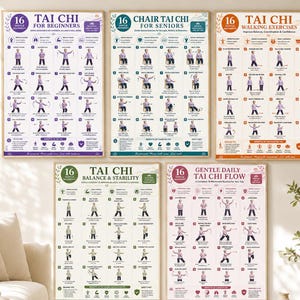 May include: Five instructional posters featuring Tai Chi exercises. Each poster displays 16 numbered movements with illustrations of a person in purple clothing, including titles like Tai Chi for Beginners, Chair Tai Chi, and Tai Chi Walking Exercises.