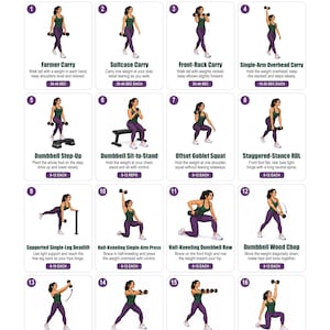 May include: A Functional Dumbbell Strength Exercise Chart featuring 16 numbered illustrations of a person in a green tank top and purple leggings performing various dumbbell movements, including farmer carries, squats, and presses with text instructions.