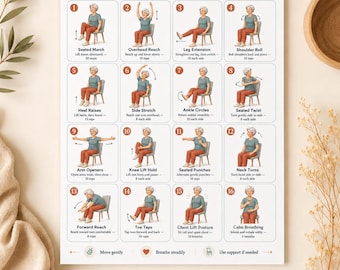 Zittende stoeloefeningen voor senioren, 16 zachte volledige lichaamsbewegingen voor kracht en balans, afdrukbare pdf-muurposter voor seniorentraining
