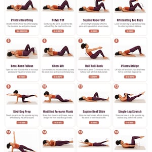 May include: An instructional poster titled Beginner Mat Pilates Core featuring 16 numbered illustrations of exercises. Each section displays a person in dark purple leggings and an orange top performing movements on a mat with text instructions.