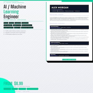 May include: A resume template for an AI/Machine Learning Engineer. The design features a modern layout with sections for professional summary, experience, and skills. Includes the text "AI / Machine Learning Engineer" and "Resume Template - 2025 Edition."