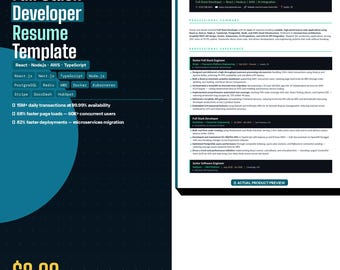 Full Stack Developer Resume Template (React, Node.js, AWS) (Digital Download)