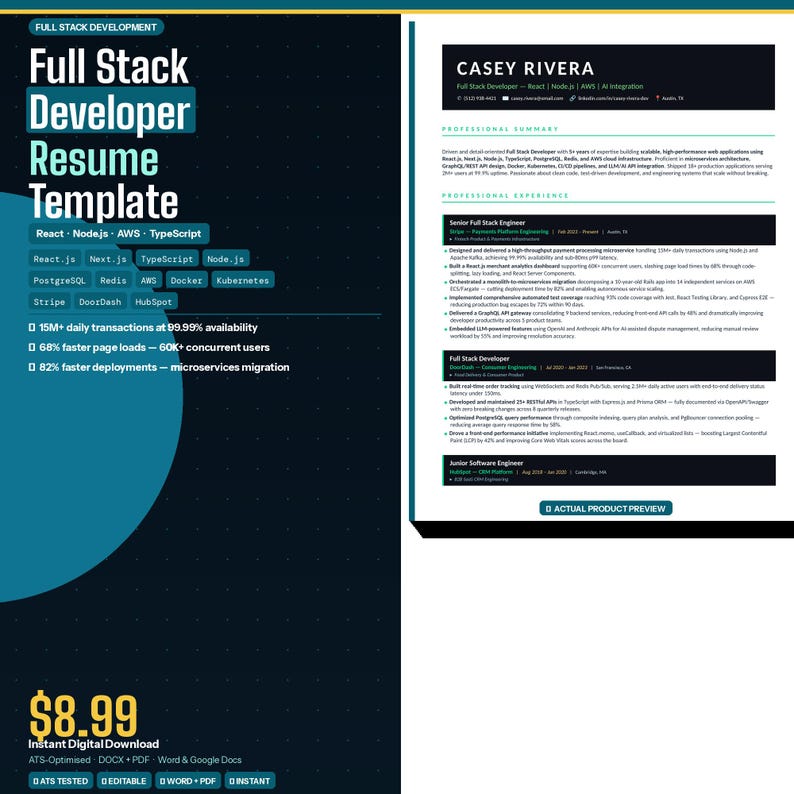 K&ouml;nnte beinhalten: Eine dunkelblaue Full Stack Developer Lebenslaufvorlage mit dem Titel in gro&szlig;en wei&szlig;en Buchstaben. Die Vorlage enth&auml;lt Abschnitte f&uuml;r React, Node.js, AWS und TypeScript. Der Preis betr&auml;gt 8,99 $ f&uuml;r einen sofortigen digitalen Download.