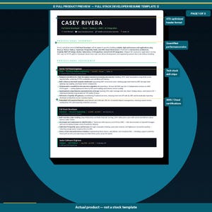K&ouml;nnte beinhalten: Eine schwarz-wei&szlig;e Lebenslaufvorlage f&uuml;r einen Full Stack Developer mit dem Namen Casey Rivera oben. Der Lebenslauf enth&auml;lt Abschnitte f&uuml;r berufliche Zusammenfassung, Erfahrung und F&auml;higkeiten. Die Vorlage ist ATS-optimiert.