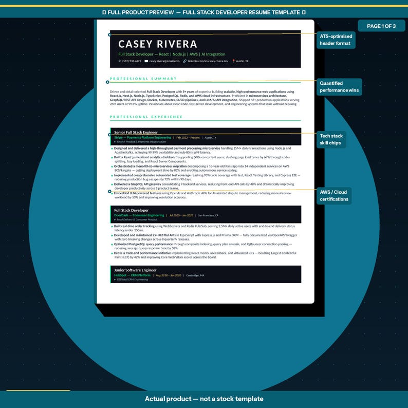 K&ouml;nnte beinhalten: Eine schwarz-wei&szlig;e Lebenslaufvorlage f&uuml;r einen Full Stack Developer mit dem Namen Casey Rivera oben. Der Lebenslauf enth&auml;lt Abschnitte f&uuml;r berufliche Zusammenfassung, Erfahrung und F&auml;higkeiten. Die Vorlage ist ATS-optimiert.