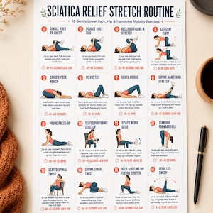 Ischias-Strecken zur Schmerzlinderung, 16 sanfte Bewegungen des Ischiasnervs und des unteren Rückens, druckbares Heimtraining PDF Wall Chart Poster Guide