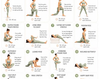 Heupflexor rekt uit voor strakke heupen, 16 zachte mobiliteits- en flexibiliteitsbewegingen, afdrukbare thuisworkout pdf muurkaart postergids