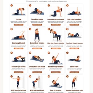 May include: A white poster titled Thoracic Spine Mobility Routine featuring 16 numbered illustrations of exercises for upper-back rotation and extension. Each panel shows a person in orange and blue athletic wear performing specific movements.